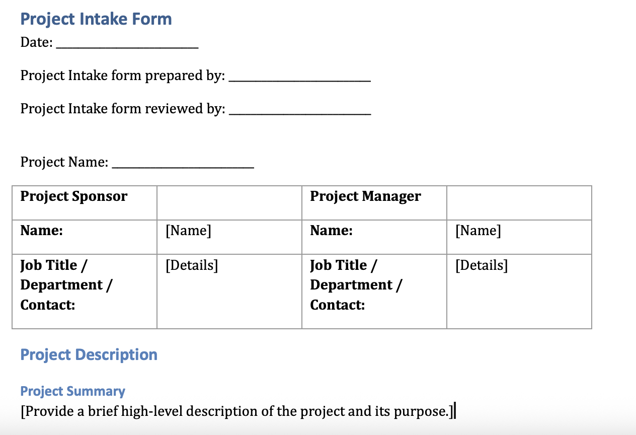 Project Intake Form Template